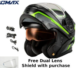 Gmax MD-01S Transistor Snow Helmet Green Black Electric Shield And Dual Lens